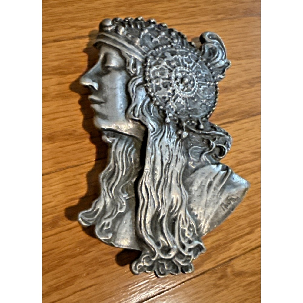 VTG Woman Girl Head Belt Buckle Indiana Metal Craft Bloomington Mucha Sign 4.25x